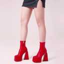 Uacllcau Platform Boots for Women Mid Calf Boots Square Toe Chunky High Heel Boots Side Zipper Ankle Booties (7.5, Red)