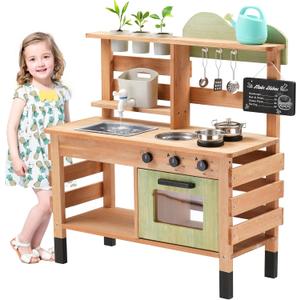 OLLIKIVI Outdoor Play Kitchen for Kids | Wooden Mud Kitchen Set with Removable Sink, Planting Area, Oven, Stove, Dual-Sided Chalkboard & Storage | Backyard Pretend Toy | Ages 3+