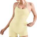 SUUKSESS Women 2 Piece Workout Sets High Waisted Tummy Control Biker Shorts Halter Padded Tank Tops (Yellow, M)
