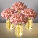 4 Sets Mason Jar with Lights Pink Hydrangea Decorative Pink Centerpieces for Tables Mason Jars Flowers Decorations LED Farmhouse Vase for Home Wedding Event Party Decor