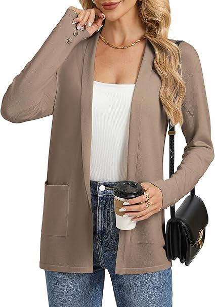 Long Cardigans for Women, Long Sleeve Open Front Cardigan Sweaters, Lightweight Spring Jacket with Pockets, Brown Large