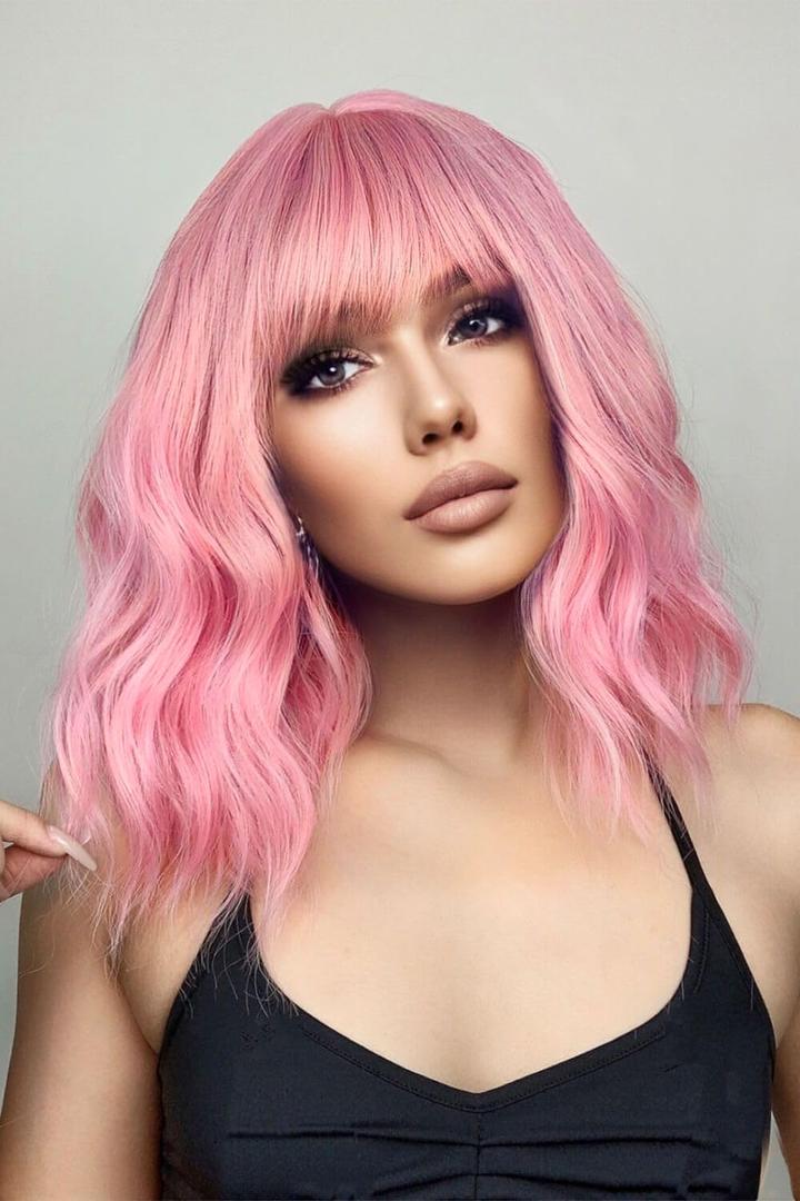 Pink Wig with Bangs Short Wavy Wigs for Women Pink Curly Shoulder Length Bob Wig Synthetic fiber Wigs for Cosplay Daily Party Use (14 Inch)