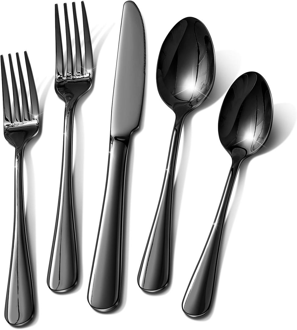 30 Piece Black Silverware Set, Ollex Flatware Set for 6 Food-Grade Stainless Steel Cutlery Utensils Include Spoon Knife Fork Mirror Polished for Home, Party, Wedding, Dishwasher Safe