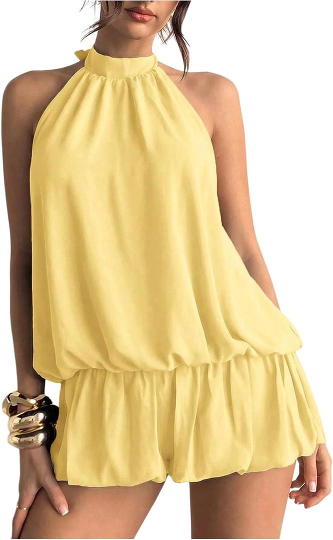 Floerns Women's Y2k Summer Halter Dress Tie Open Back Sleeveless Ruffle Hem Bubble Going Out Mini Dresses