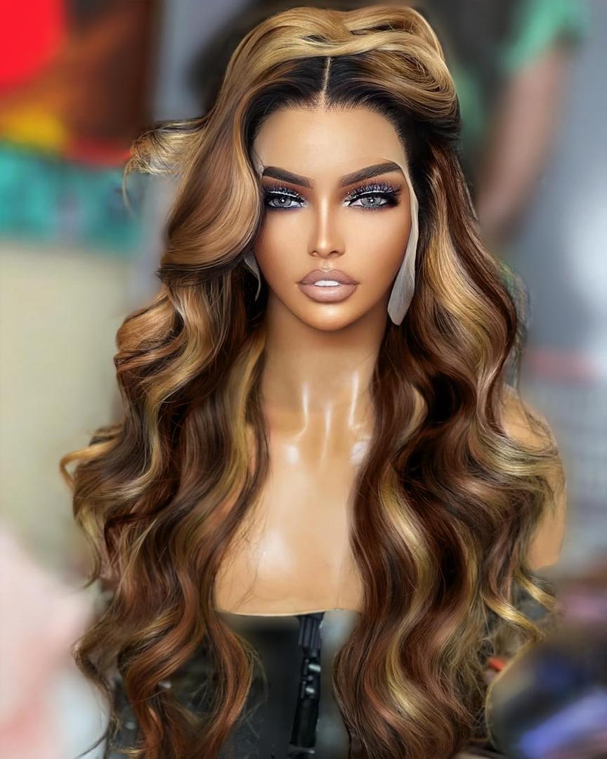 Synthetic Lace Front Wig 13x6 HD Lace Wig Highlight Brown Mix Blonde Body Wave 100% Futura Premium Wigs For Women 28 Inch Pre Plucked Ready Wear Wig Friendly Daily Party Use