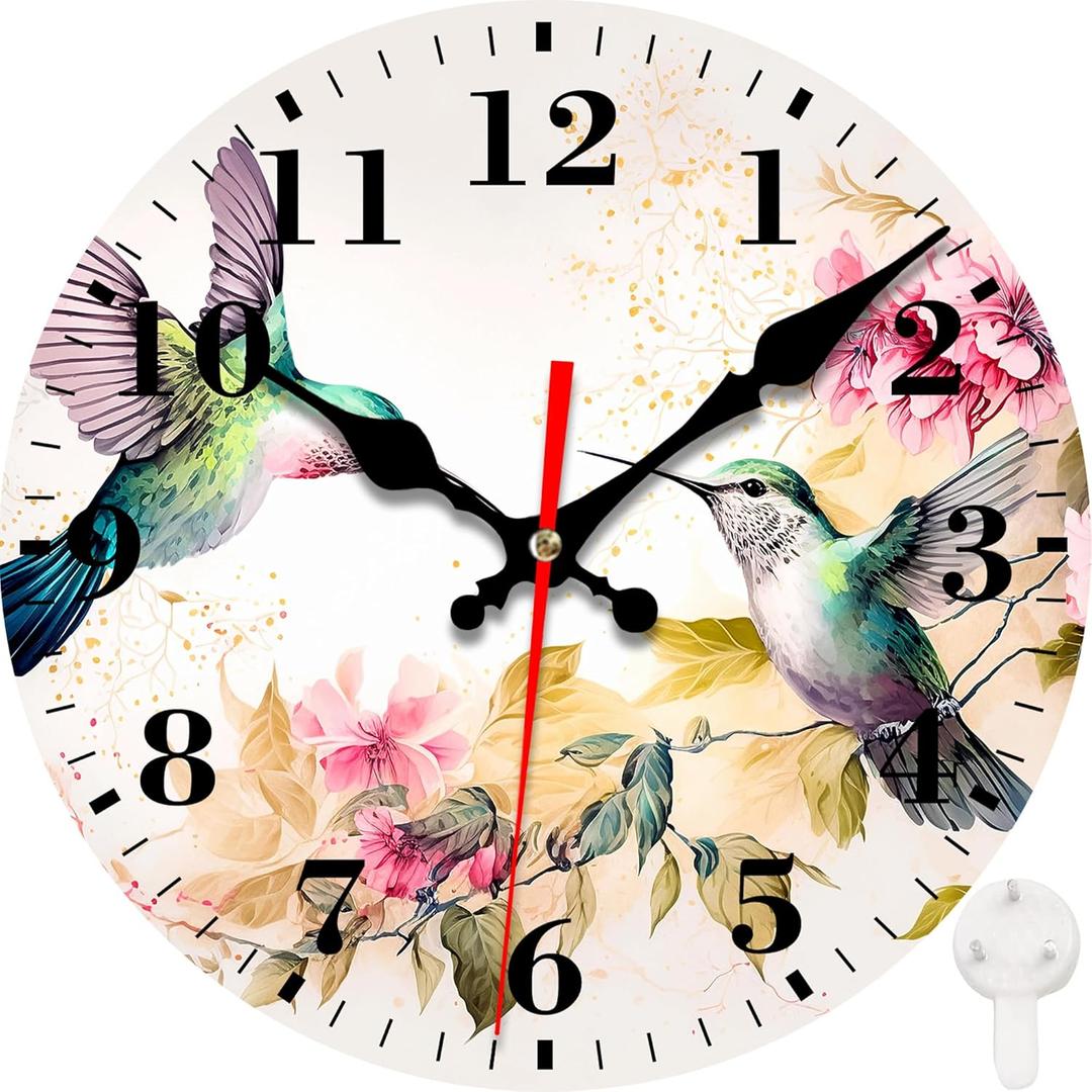 Wall Clocks Battery Operated, Hummingbirds and Pink Flowers Silent Non Ticking Decorative Indoor Outdoor Wall Clocks for Living Room Kitchen Bedroom Bathroom 12"