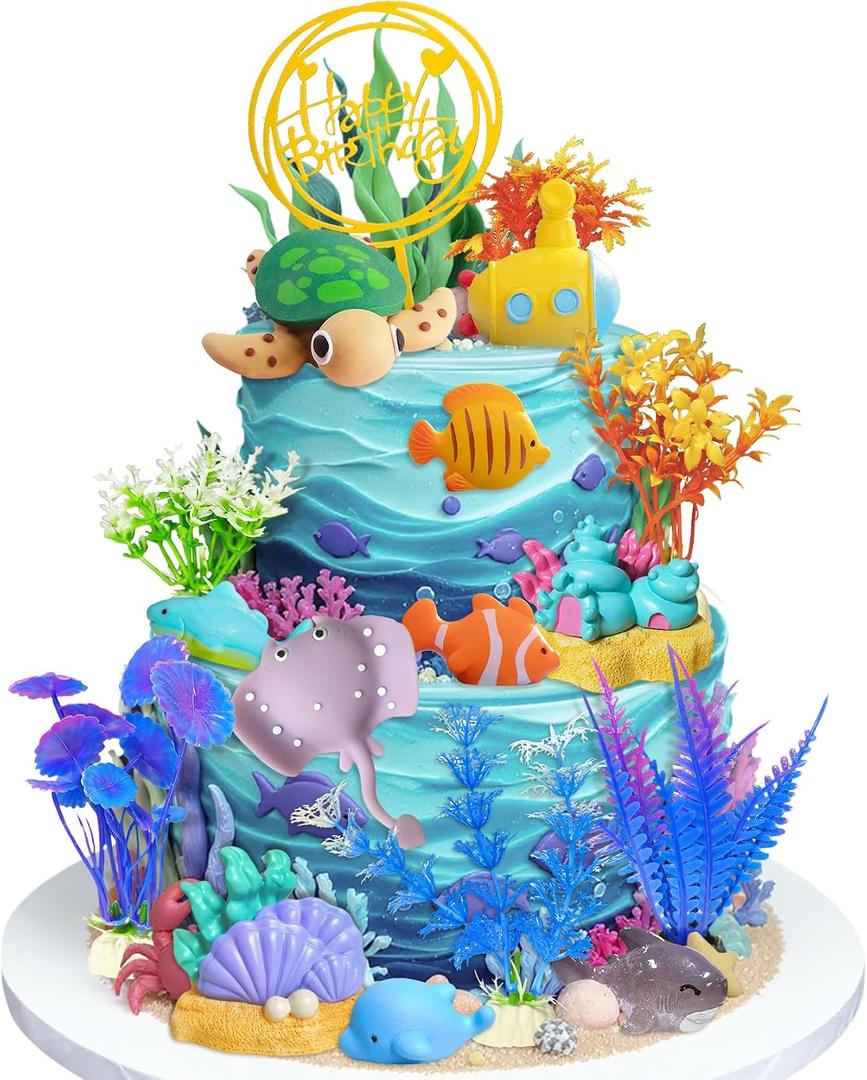 Knana 17Pcs Ocean Animal Cake Toppers Under The Sea Cake Decorations with Sea Turtle Fishing Cake Topper for Under the Sea Birthday Party Supplies