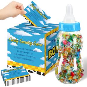 Glenmal 52 Pcs Baby Shower Games Gift Sets Large Baby Bottle for Shower Game Guess How Many Candies Decorations for Gender Reveal(Cartoon Style)