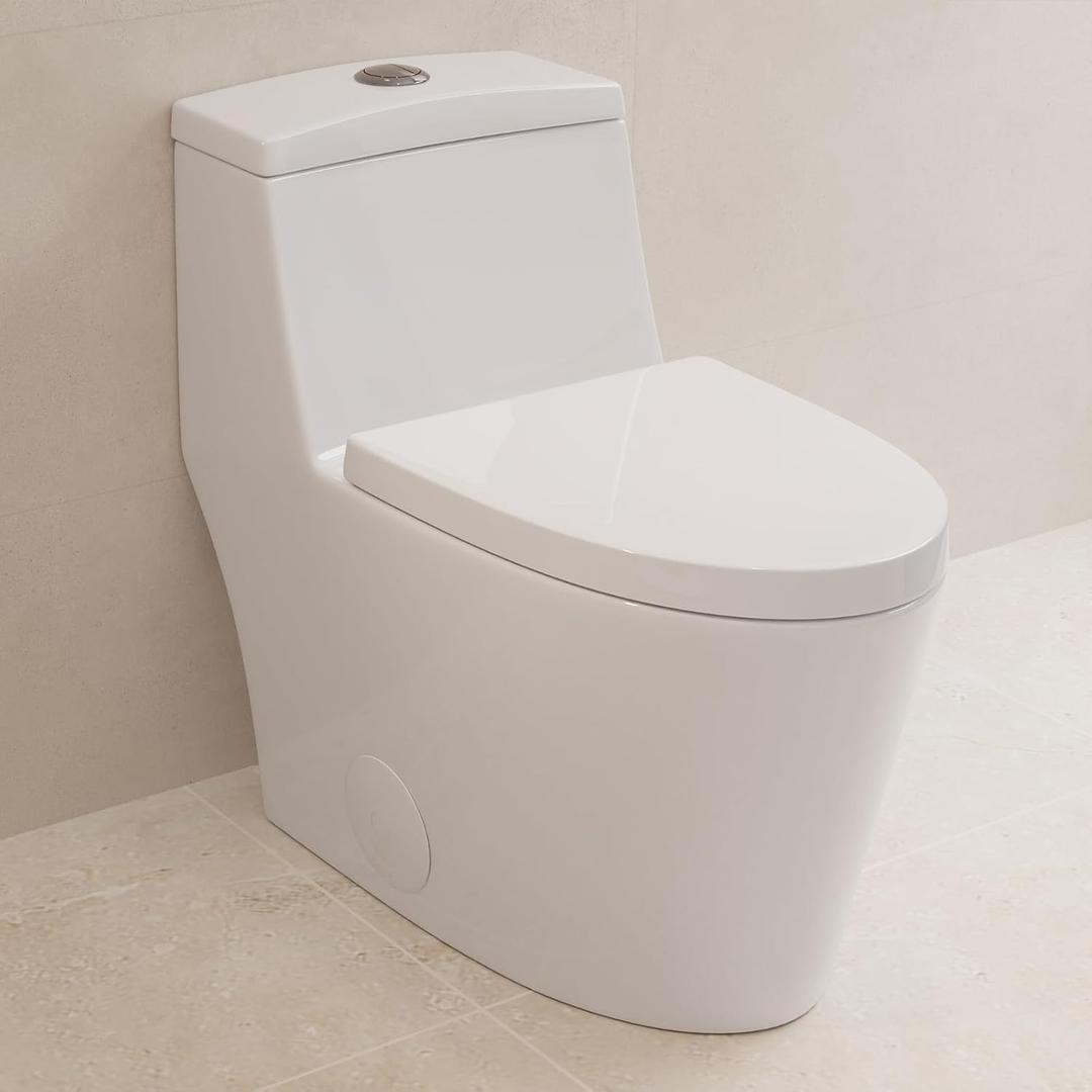 Deer Valley Elongated One Piece Toilet with Soft Close Seat, Dual Flush (1.1/1.6GPF) High-Efficiency Modern Bathroom Toilet Bowl with 17" Comfortable ADA Seat Height, 12" Rough-In, White, F52636-01