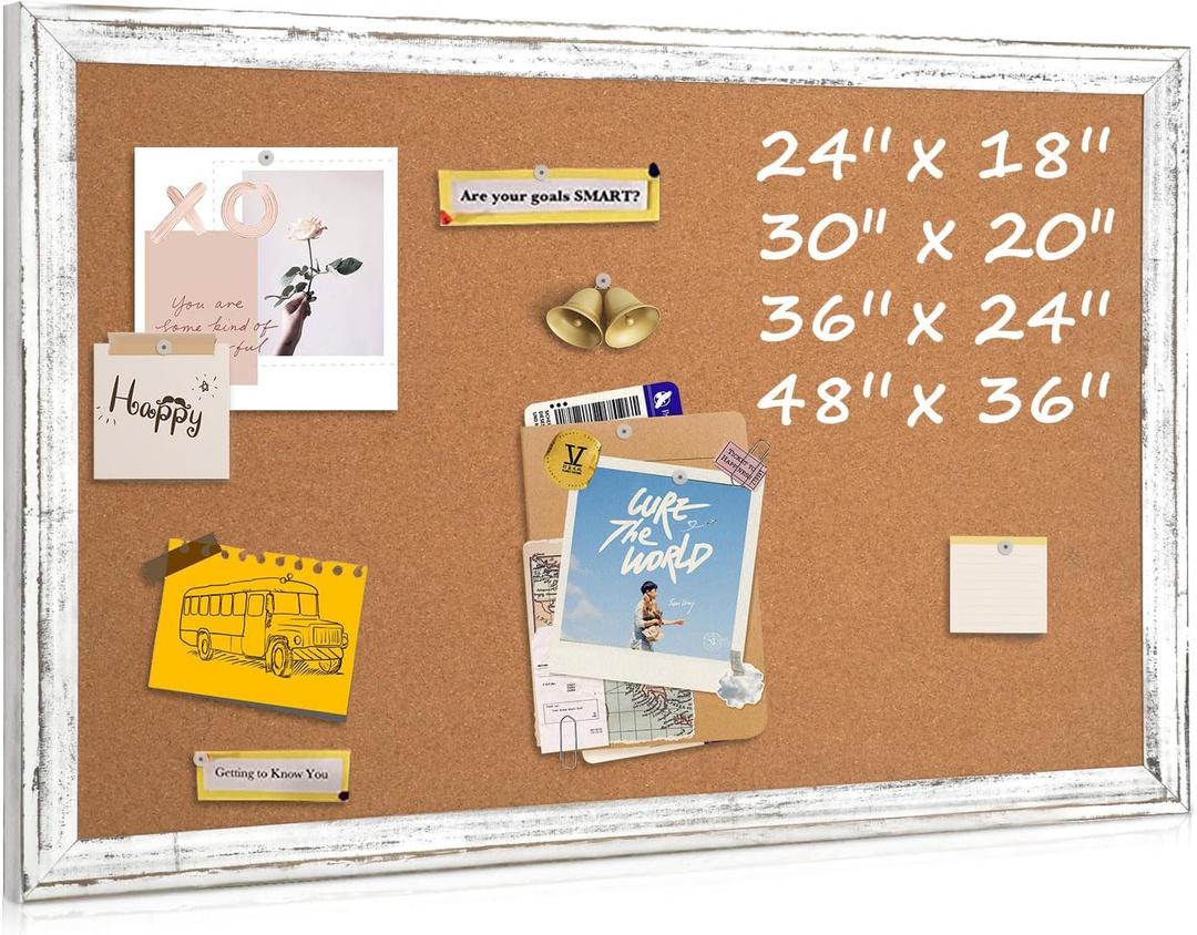Cork Board Bulletin Board, 36" x 24" Corkboard for Wall, Rustic White Wooden Frame, Hanging Pin Board for Home & Office Decor, 10 Push Pins