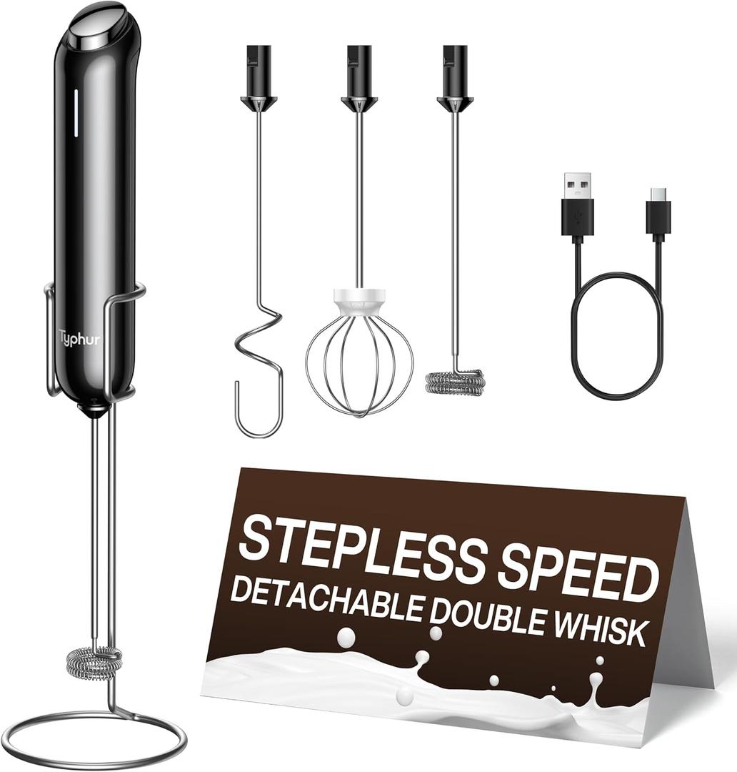 InstaWhisk Milk Frother with Variable Speed, Rechargeable Coffee Frother Wand with Detachable Double Whisk, Drink Mixer Handheld Electric Stirrer for Latte, Cappuccino, Matcha, Almond Milk, Protein (Black)