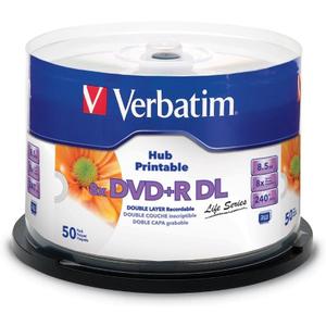 Verbatim DVD+R DL Double Layer 8.5GB 8X Life Series White Inkjet Hub Printable - 50 Pack Spindle
