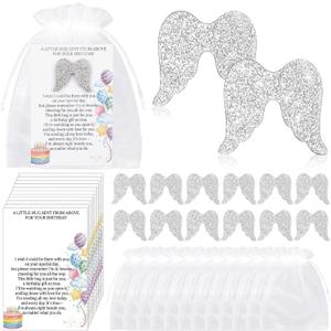 2 x Mifoci 12 Sets Happy Heavenly Birthday Decoration Wood Angel Pocket Hug Token Poem Card Organza Bags Funeral Favors Celebration of Life Favors for Heavenly Birthday Memorial Supplies Guest Return Gift