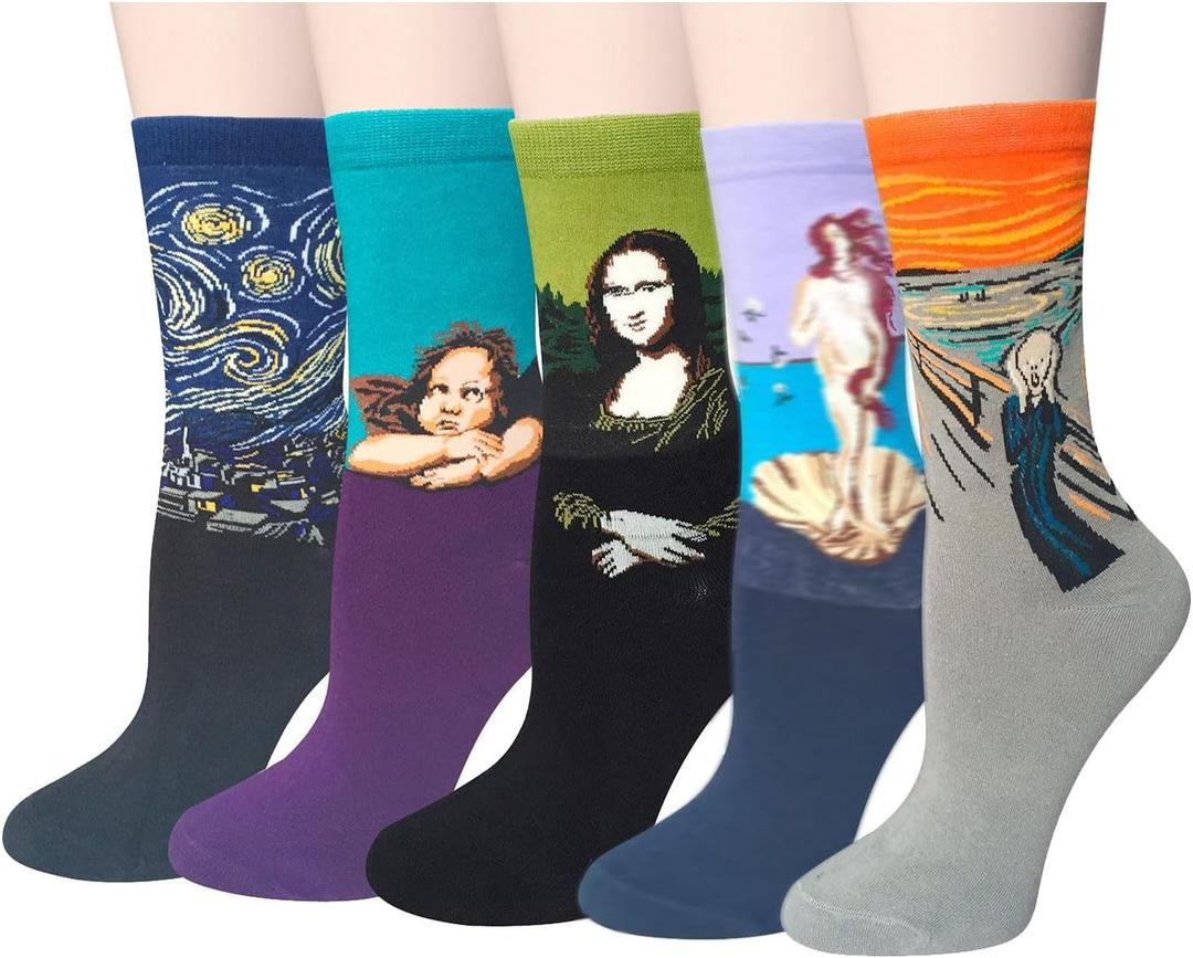 Chalier 5 Pairs Womens Fun Famous Painting Patterned Art Socks Cotton, Printed Cool Novelty Funny Socks for Women (XS)