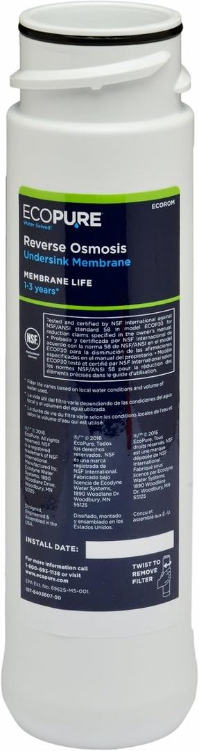 EcoPure ECOROM Reverse Osmosis Membrane Replacement – Fits ECOP30 & Select Kenmore & Brita RO Systems – NSF-Certified Stage 2 Filter – Reduces TDS, Lead, Chlorine & More – 1–3 Year Life – Easy Changes