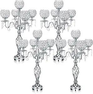Nitial 4 Pcs 5 Arm Crystal Candelabras Centerpieces 27 Inch,Silver