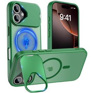 Cufelf Magnetic for iPhone 16 Plus Case(Compatible with Magsafe)(Built-in Invisible Kickstand) Military Drop Protection,Anti-Fingerprint,Anti-Scratch,Matte Translucent Phone Cover,6.7",Green