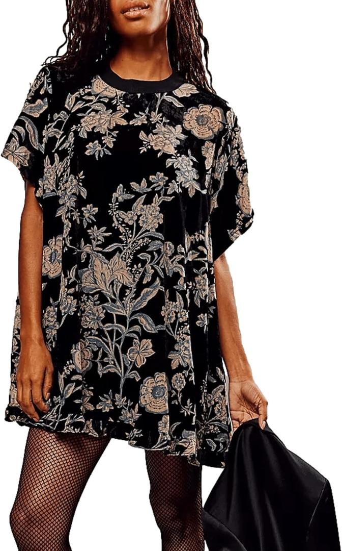 Aimiray Women's Vintage Velvet Dress Round Neck Short Sleeve Floral Printed Mini Flowy Dress (X-Large, Black)