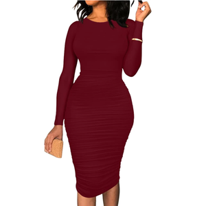 Women's Ruched Long Sleeve Elegant Bodycon Basic Casual Midi Dress M