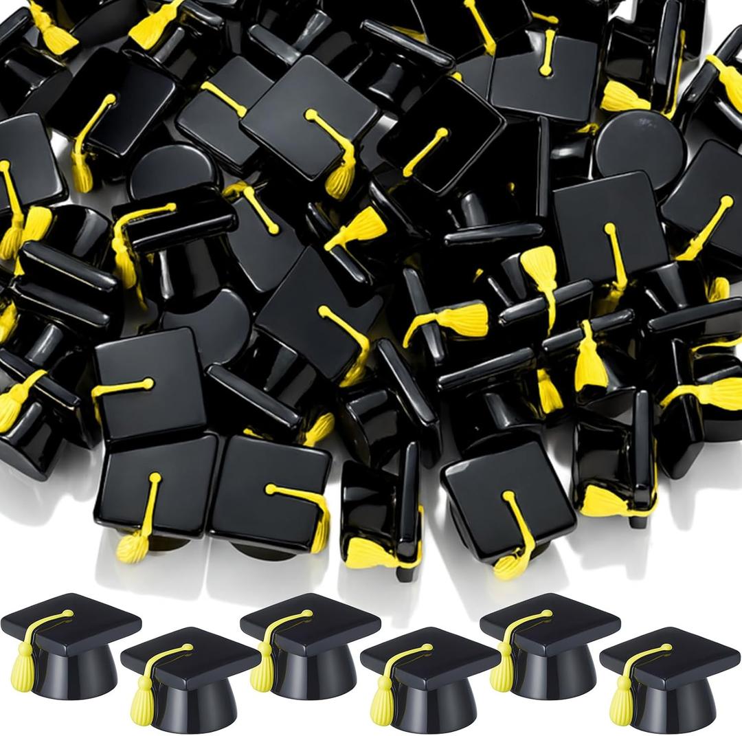 AceOrbit 80 Pcs Mini Grad Hat Figures Bulk Tiny Resin 2026 Grad Hat Figurine Toys with Tassels 0.98 Inch Mini 3D Black Graduation Cap Cake Topper Graduation Party Table Tiered Tray Decor (Gold)