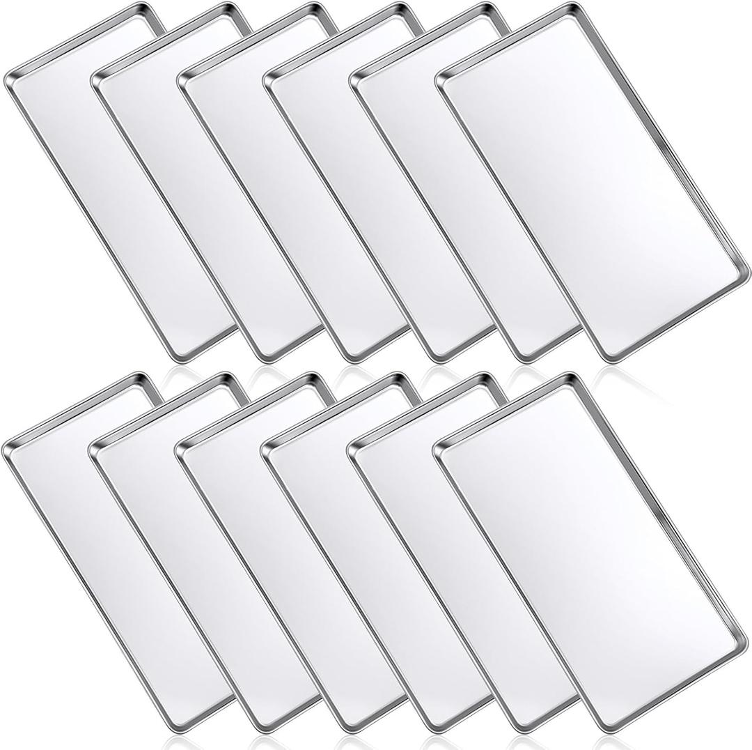 Mimorou 12 Pcs Baking Sheet Stainless Steel Cookie Small Metal Sheet Pans Professional Rectangle Oven Trays Kitchen Baking Cooking Oven and Toaster, Dishwasher Safe (13 x 6.7 Inch)