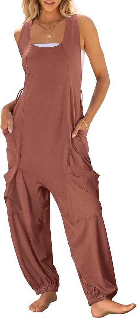 ANRABESS Women Overalls Jumpsuits Loose Casual Dressy Sleeveless Baggy Harem Pants Romper Jumpers 2025 Trendy Summer Outfits (X-Large, Caramel)