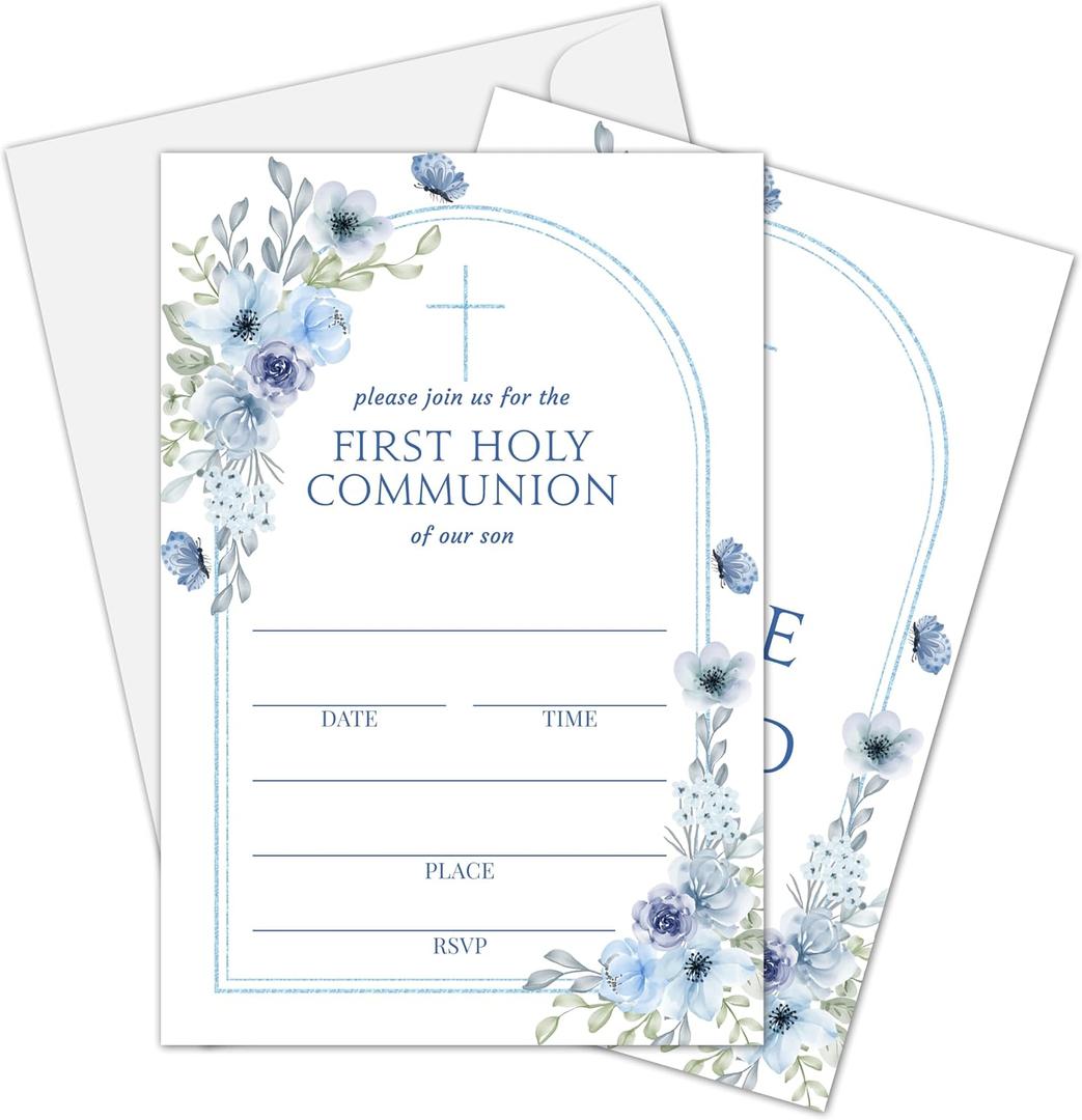 3 x First Holy Communion Invitation Card, Blue Floral Baptism Invitations For Girls Boys, Christening Fill In Invites, Religious Celebration Decorations Baby Shower Supplies, 04