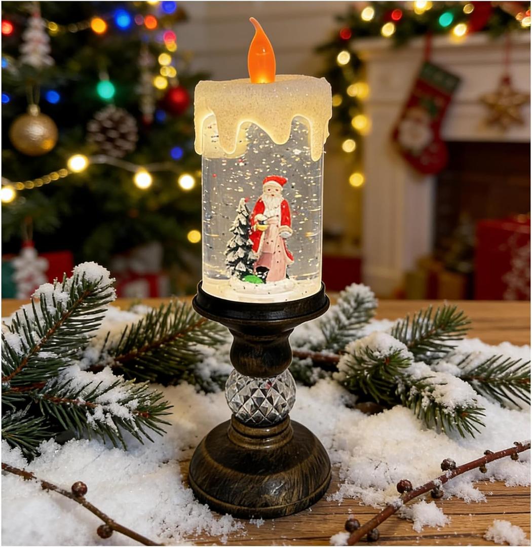 Christmas Snow Globe Candles, Battery & USB Powered, Glitter Christmas Flameless Candles with 8 Music, Home Party Nativity Night Decoration (Santa Claus, Multicolor)