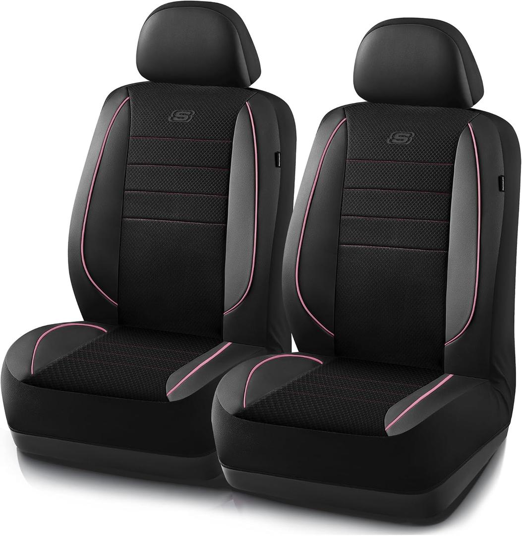 Skechers Air-Cooled Memory Foam Seat Covers,Mesh Thick Car Seat Covers,Piping Leather Car Seat Covers Front Seats,Airbag Compatible,Automotive Comfort Universal FitMost Cars,Vans,Truck,SUV,Pink