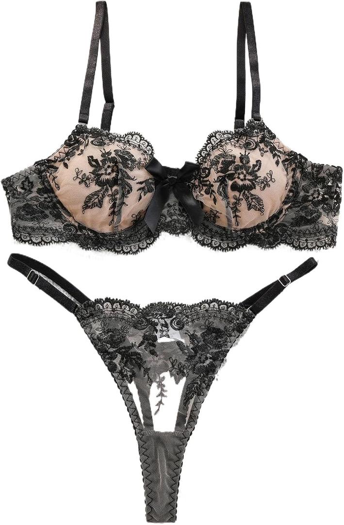 Sexy Floral Embroidered Flower Mesh Underwire Push Up Lingerie Set (Bow Black B) X-Large
