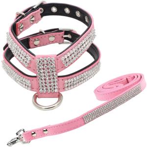 Fashion Puppy Harness with Diamantes and Lead Cute Girls Bling Dog Harness with Bling Leashes for Small Dogs (Pink)