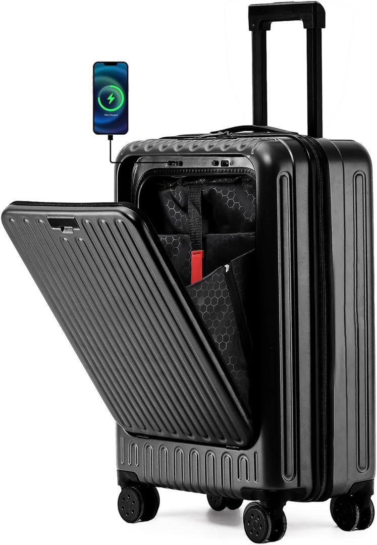 Mini 20inch Carry On Luggage 22x14x9 Airline Approved, ABS+PC Hard Shell Suitcases with Front Pocket, Carry On Suitcases with Cup Holder, USB Port, TSA Lock, Capacity 33L, Black