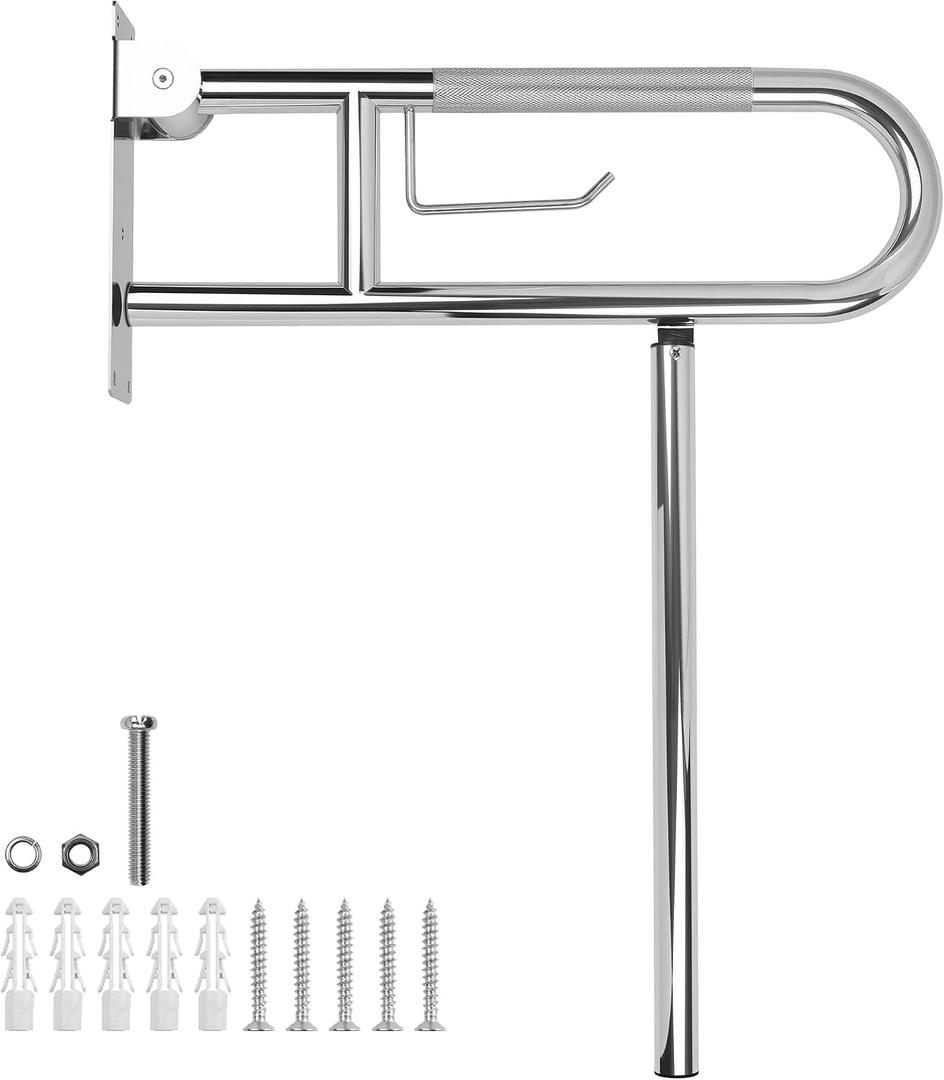 Handicap Grab Bar,23.6 Inch Stainless Steel 1.25" Diameter Toilet Safety Rails for Bathroom with Paper Holder, Anti-Slip Flip-Up Support Rail for Seniors Elderly