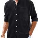 Alimens & Gentle Men's Cotton Linen Shirts Long Sleeve Button Down Shirt Band Collar Beach Shirts 5XL