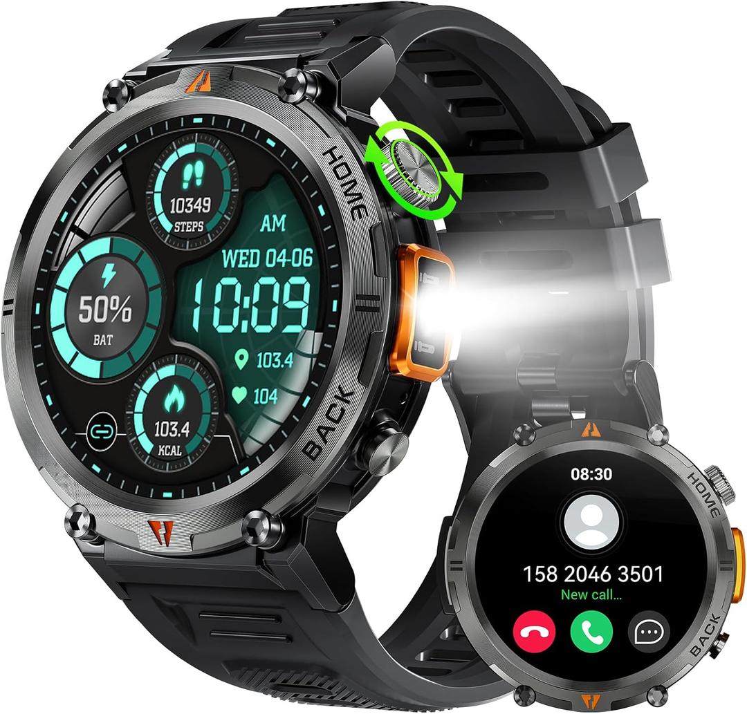 Military Smart Watch for Men (Call Receive/Dial) with LED Flashlight, 1.45" HD Outdoor Tactical Rugged Smartwatch, Sports Fitness Tracker Watch with Heart Rate Sleep Monitor for iPhone Android Phone (Black KE3)