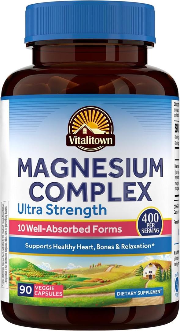 Vitalitown 10 in 1 Magnesium Complex Supplement - 400mg Elemental Magnesium Chelated with Glycinate, Citrate, Malate, Taurate & More - for Sleep Heart Energy - Non-GMO, Vegan, 90 Caps, Exp 11-2028
