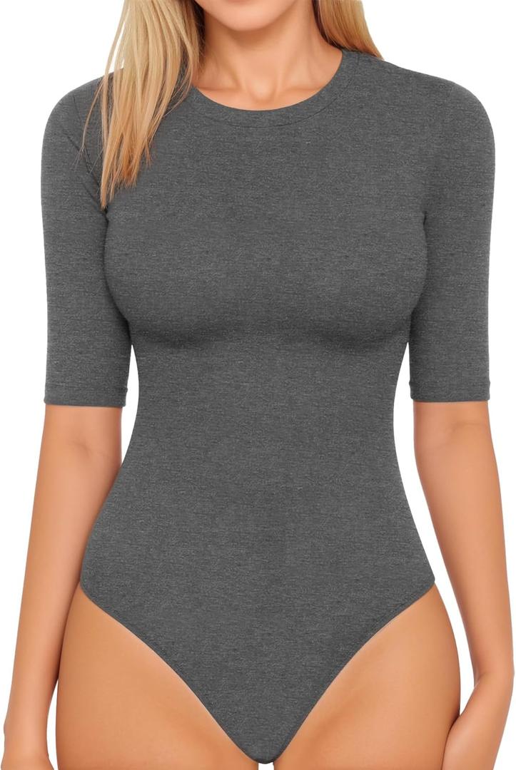 MANGOPOP Women's Half Sleeve Crew Neck Bodysuit 3/4 Sleeve Body Suit Slim Fit Going Out Tops (Dark Heather Grey), Size S/P
