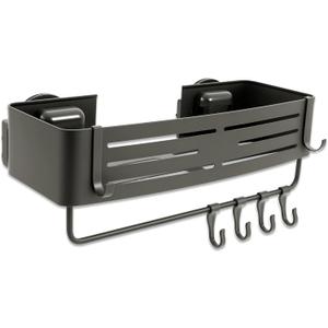 Shower Shelf with Suction Cup Space Saving Shower Caddy with Drainage Holes Bathroom Organiser, 6 Hooks and Towel Rail Multipurpose Bathroom Corner Caddy for Bathtub Kitchen