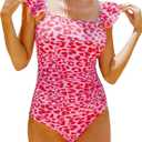Women's Ruffle One Piece Swimsuits Ruched Tummy Control Bathing Suits Floral Swimwear Pink Leopard Small (S)