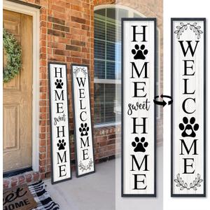 Outdoor Welcome Sign for Front Porch Door Decor, Home Sweet Home Sign Door Outside Standing Large 2 Sided Dog Paw Farmhouse Modern Wooden Frame Vertical Leaner (45"X9" Black)