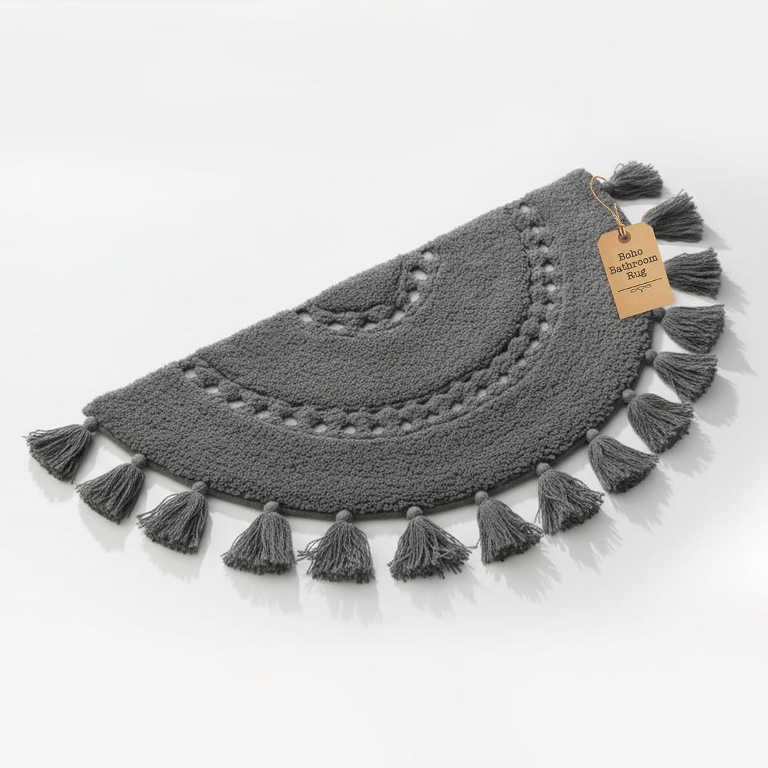 Boho Bathroom Rugs - Half Circle Cotton Mat with Crochet Insert and Tassels - Non-Slip Bohemian Accent for Bedroom, Entryway, or Bath - Dark Charcoal 42x22 Soft Machine Washable Decorative Rug