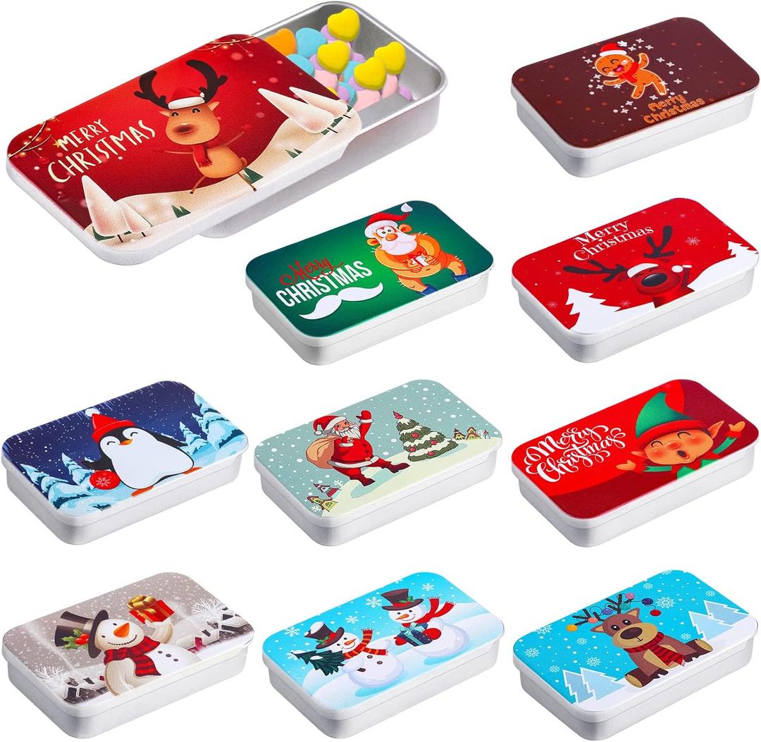 Peryiter 10 Pcs Novelty Christmas Empty Mint Tins Christmas Mint Tins Funny Gag Gifts, 3 x 2 x 0.6 mas Gift Bag Stuffer, Mini Tin Without Candy, White Elephant Exchange Gifts(Cute Style)