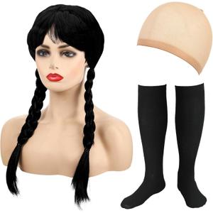 Karenhi 3 Pcs Halloween Costume for Women Long Black Braided Wig with Wig Cap Calf Socks Halloween Cosplay Party Accessories
