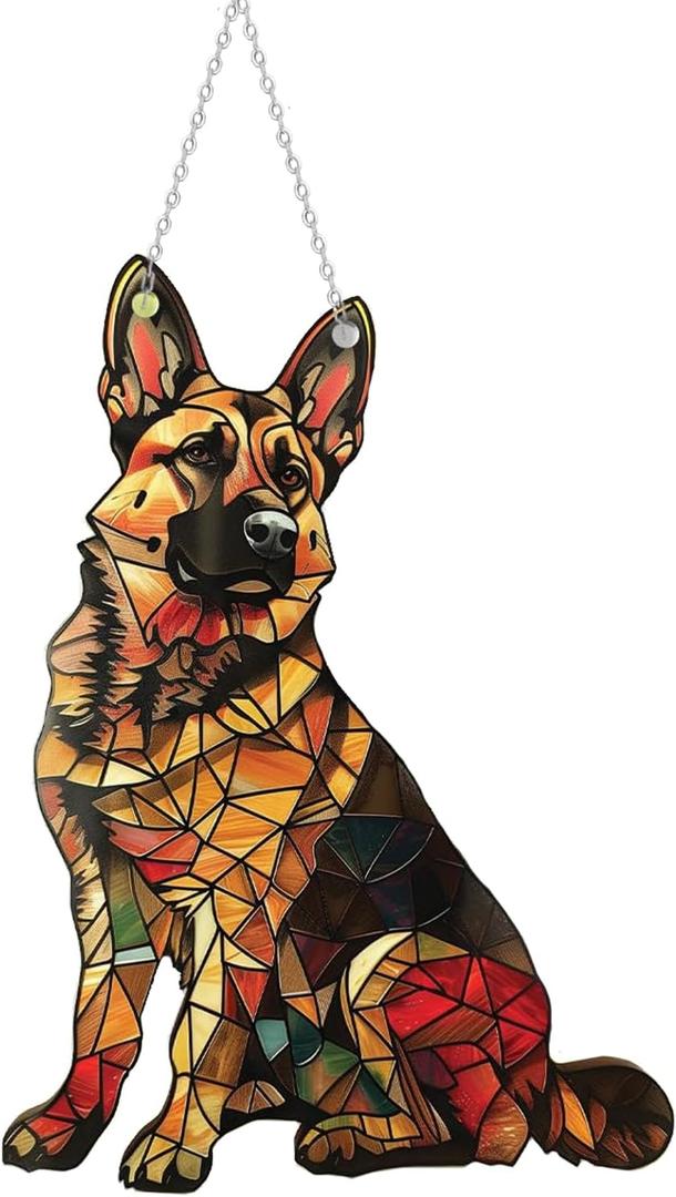 German Shepherd Window Hanging Decor Suncatcher Dog Stain Acrylic Window Ornament Animal Memorial Gifts Handcrafted Sun Catchers Decor for Indoor Outdoor Garden (German Shepherds)