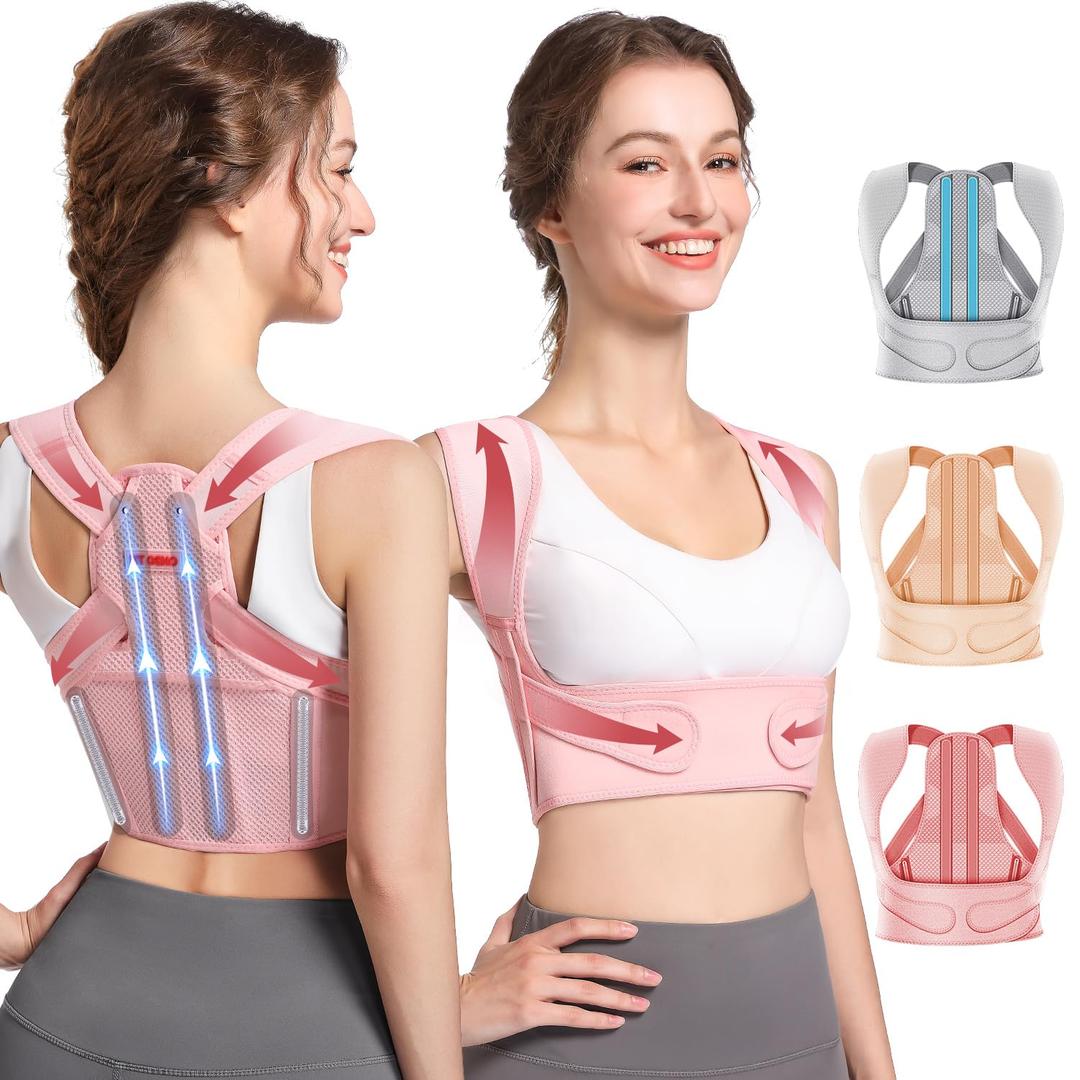 Fit Geno Posture Corrector for Women: Adjustable Lightweight Upper Back Brace for Neck Shoulder & Upper Back Pain Relief - Improve Posture Correct Hunchback Slouching Kyphosis Invisible Under Clothes (XS/S Under Bust 26"-37") (X-Small/Small, Pink)