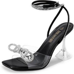 DREAM PAIRS Stiletto Bow Heels for Women Strappy Sparkly Rhinestone Square Toe Clear Crystal High Sandals for Party Wedding (10, Black-pu) DREAM PAIRS Stiletto Bow Heels for Women Strappy Sparkly Rhinestone Square Toe Clear Crystal High Sandals for Party Wedding (10, Black-pu)