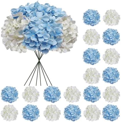 Cherica 20 Pcs Blue and White Hydrangea Artificial Flowers Bulk, Faux Hydrangea Flowers Heads, Artificial Fake Silk Hydrangea Flowers with Stems, White Flowers Artificial for Decoration Wedding Décor