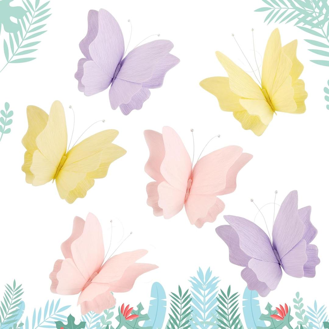 SUNBEAUTY Butterfly Party Decorations Hanging Butterfly Decorations 6Pcs Crepe Paper Garden 3D Butterflies Decor Pastel Paper Butterflies Decoration for Wedding Baby Shower Birthday Party Room Decor (Purple Pink 2 Piece)