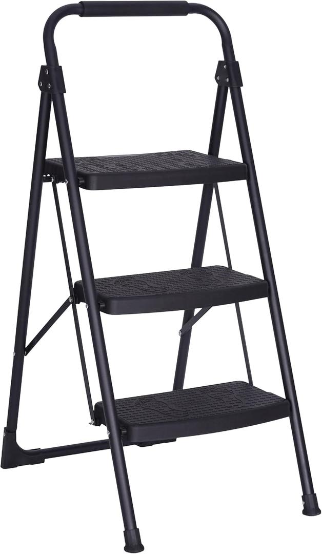 Step Ladder 3 Step Folding, Small Step Stools for Adults,3 Step Stool Foldable with handrails,Lightweight Kitchen Ladder with Pedal Ergonomic Design,Stepladder for Closet and Home (Black2)