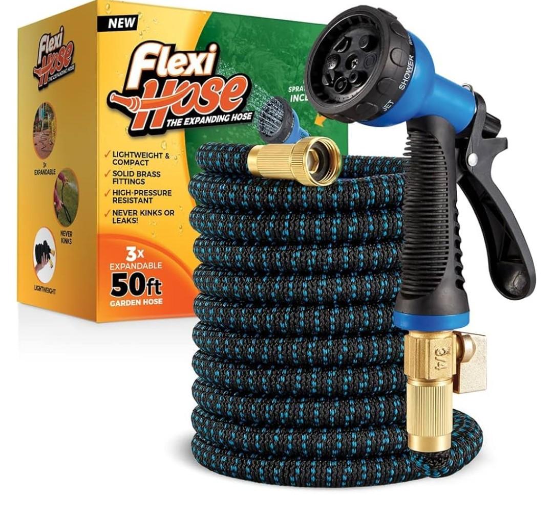 Flexi Hose Expandable Garden Hose with 8 Function Nozzle, 50FT - Lightweight Retractable Garden Hose, Water Hose - No-Kink Flexibility, 3/4 Inch Solid Brass Fittings and Double Latex Core